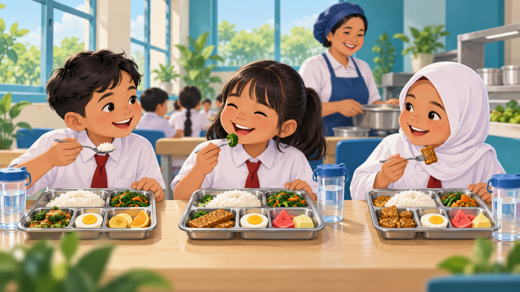Ilustrasi tiga anak sekolah menikmati makanan bersama.